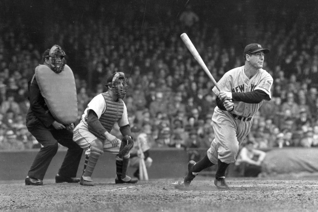 Lou Gehrig delivering a big hit in the 1928 All Star Game.