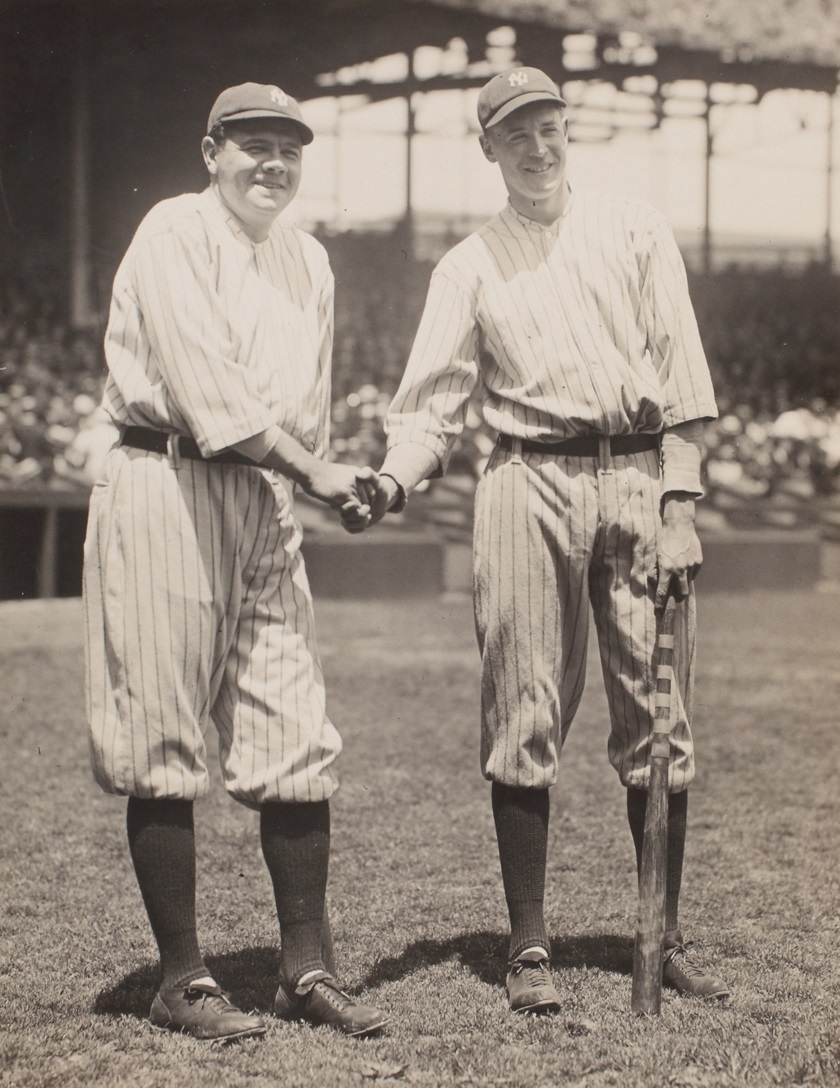 Babe Ruth and game MVP Bob Meusel pose before the 1920 All-Star Game.